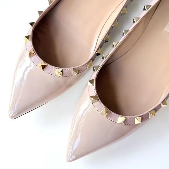 Valentino Garavani Rockstud Pointed Toe Flats Nude Beige Patent Leather 38.5 - Picture 10 of 15